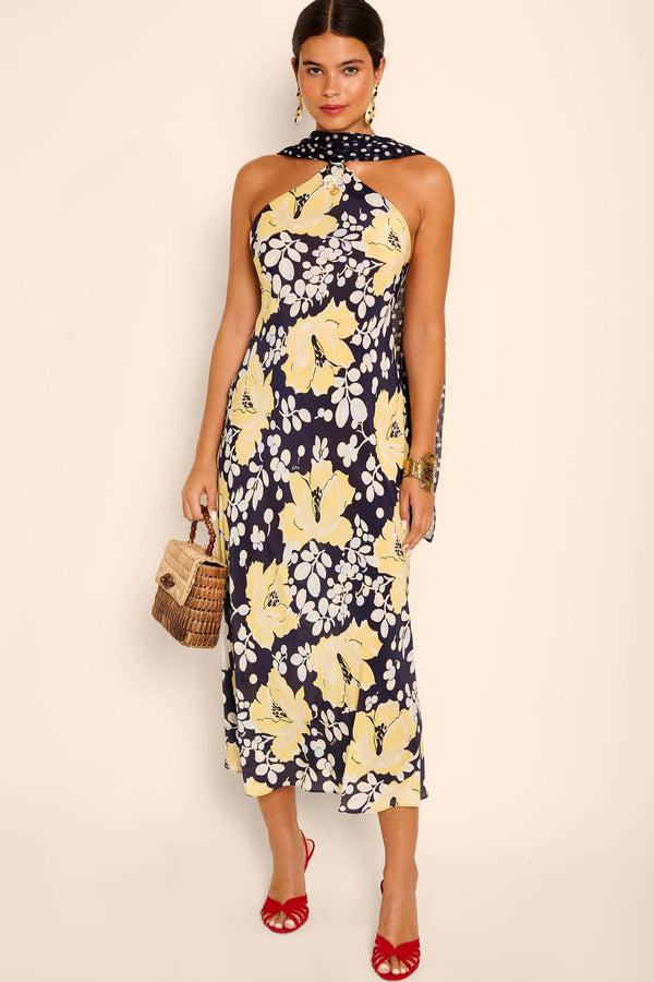 rixo Hayley Silk Midi Dress Umbrella Floral Navy Mix