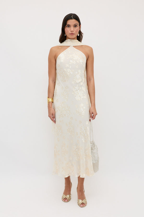 rixo Hayley Silk-Velvet Devoré Dress Bouquet Devoré Cream