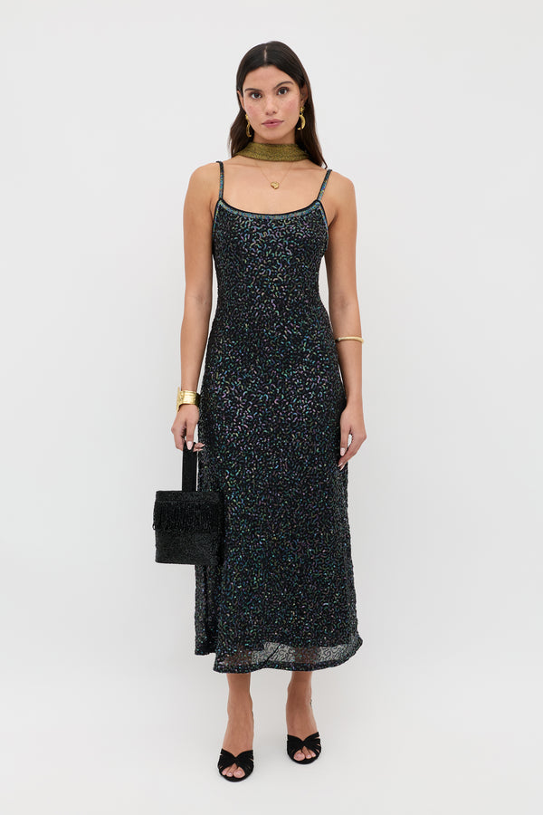 Rixo Holly Embellished Midi Dress Squiggle Embellishment Black
