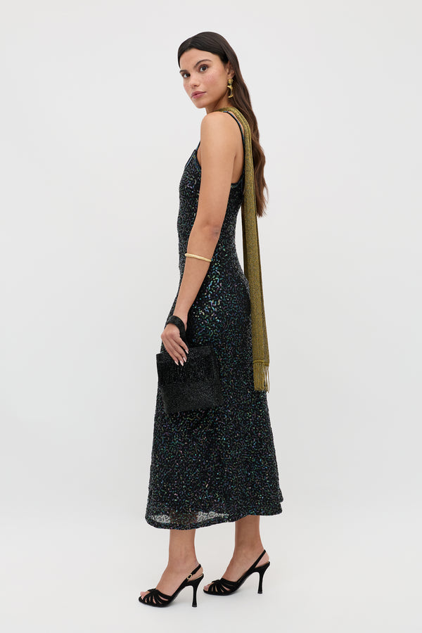 Rixo Holly Embellished Midi Dress Squiggle Embellishment Black