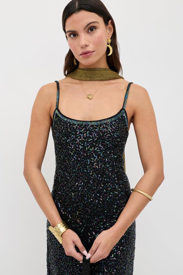 Rixo Holly Embellished Midi Dress Squiggle Embellishment Black