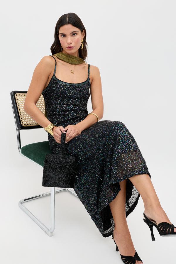 rixo Holly Embellished Midi Dress Squiggle Embellishment Black