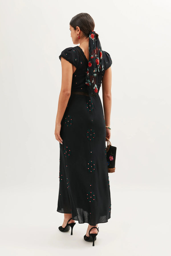 Rixo Iggy Linen Embroidery Dress Rose Trail Embroidery Black