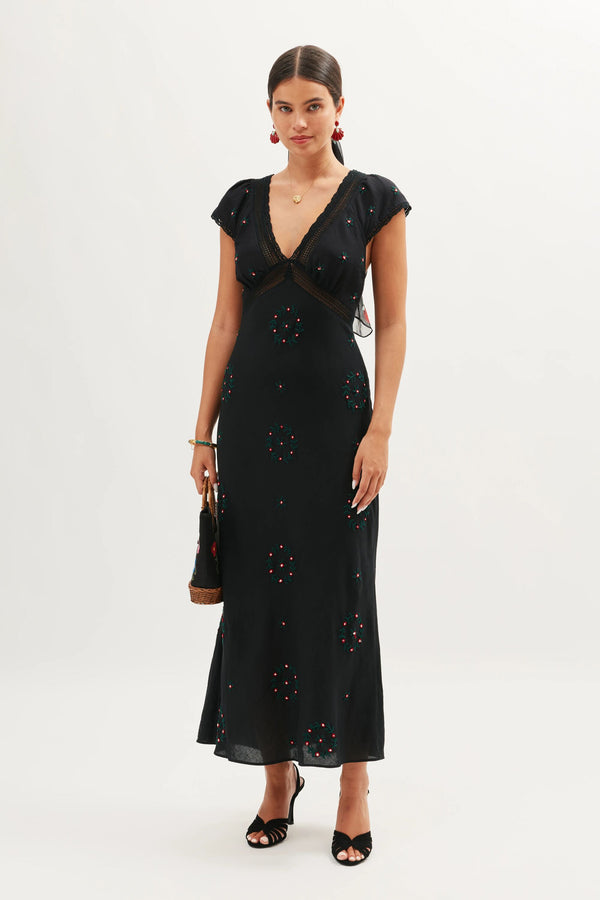 rixo Iggy linen Embroidery Dress Rose Trail Embroidery Black