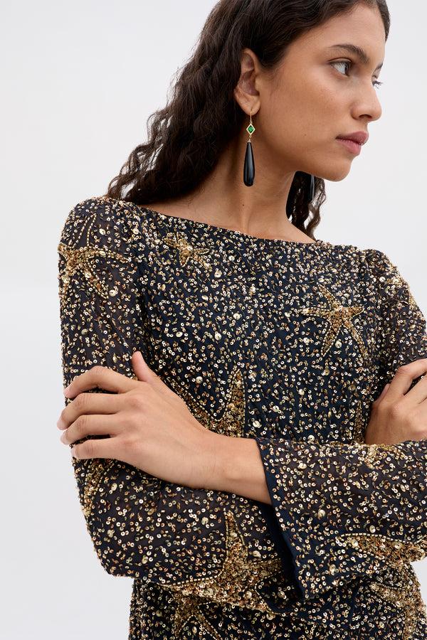 Rixo Ilse Embellished Mini Dress Starfish Embellishment Navy
