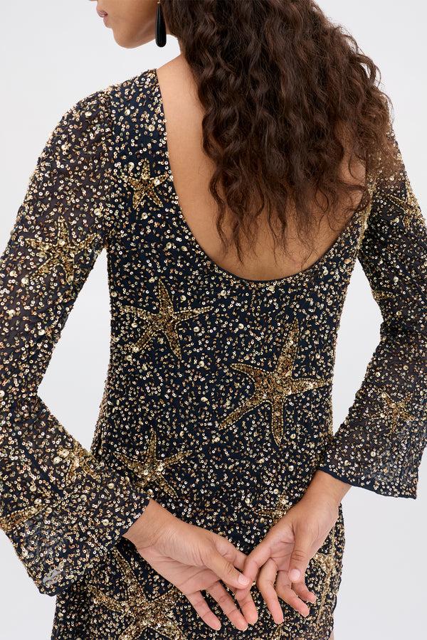 Rixo Ilse Embellished Mini Dress Starfish Embellishment Navy