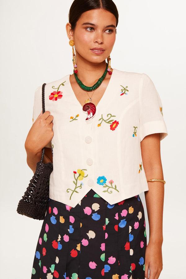 Rixo Immie Embroidered Linen-Blend Top Ombre Floral Embroidery Cream