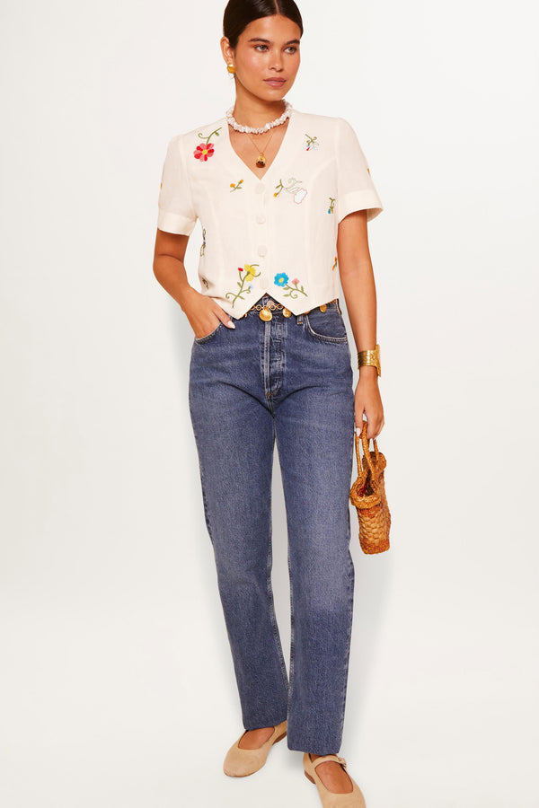 Rixo Immie Embroidered Linen-Blend Top Ombre Floral Embroidery Cream