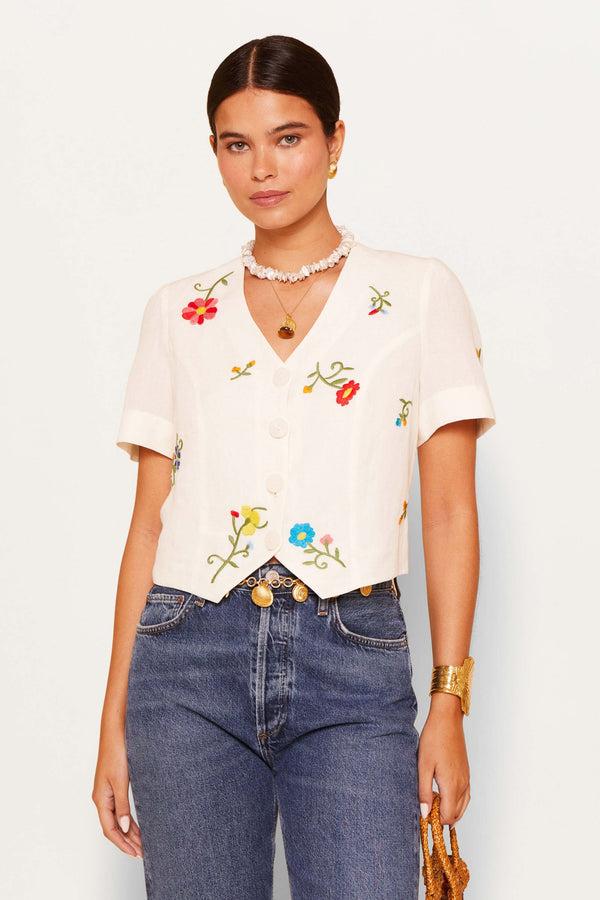 rixo Immie Embroidered Linen-Blend Top Ombre Floral Embroidery Cream