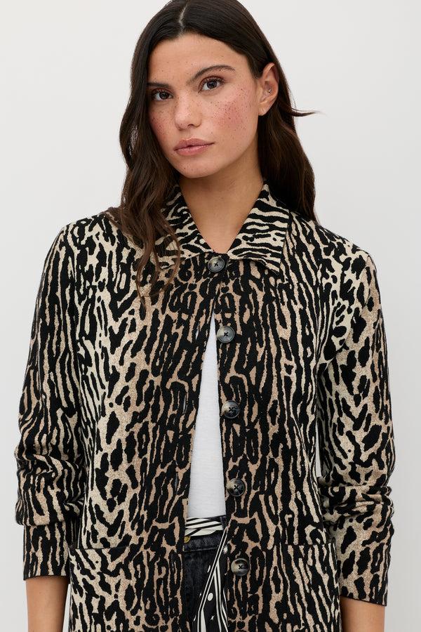 Rixo Jacoba Wool Cardigan Bohemia Leopard Jacquard Brown