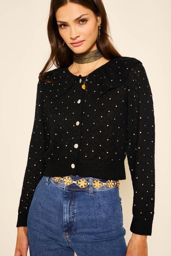 Rixo Jelena Embellished Knitted Cardigan Crystal Black