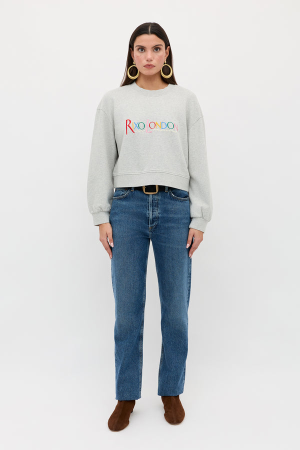 Rixo Jetta Cotton Sweatshirt London Embroidery Grey