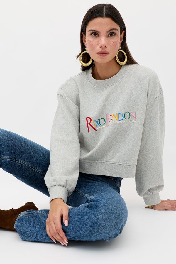 Rixo Jetta Cotton Sweatshirt London Embroidery Grey