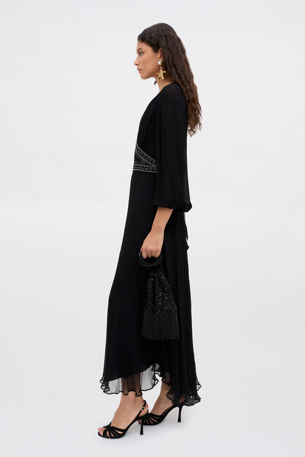 Rixo Kaesha Chiffon Midi Dress Diana Embellishment Black