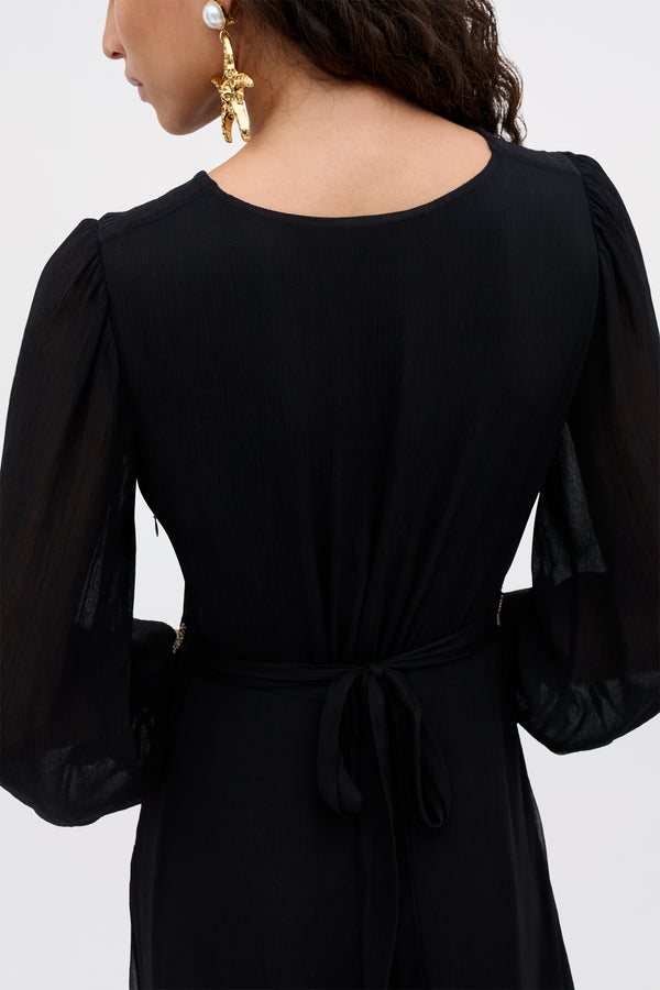 Rixo Kaesha Chiffon Midi Dress Diana Embellishment Black