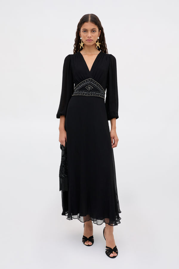 rixo Kaesha Chiffon Midi Dress Diana Embellishment Black