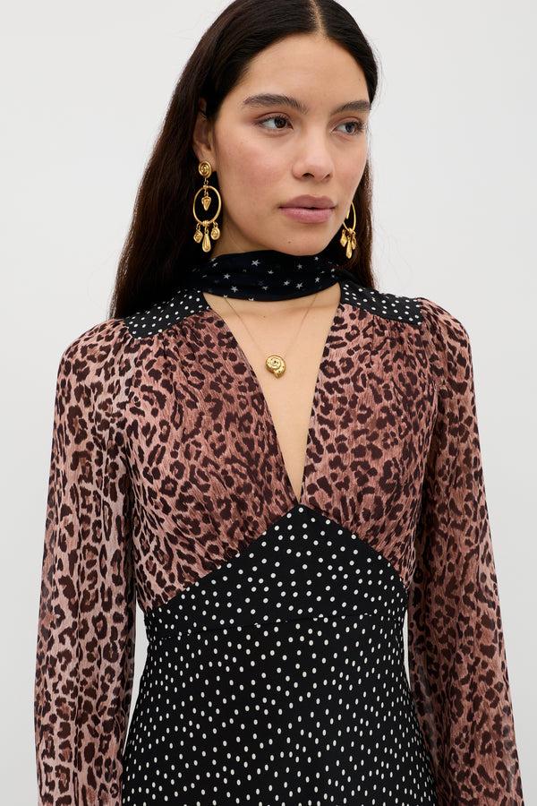 Rixo Kaila Silk Leopard Midi Dress Leopard Spot Brown