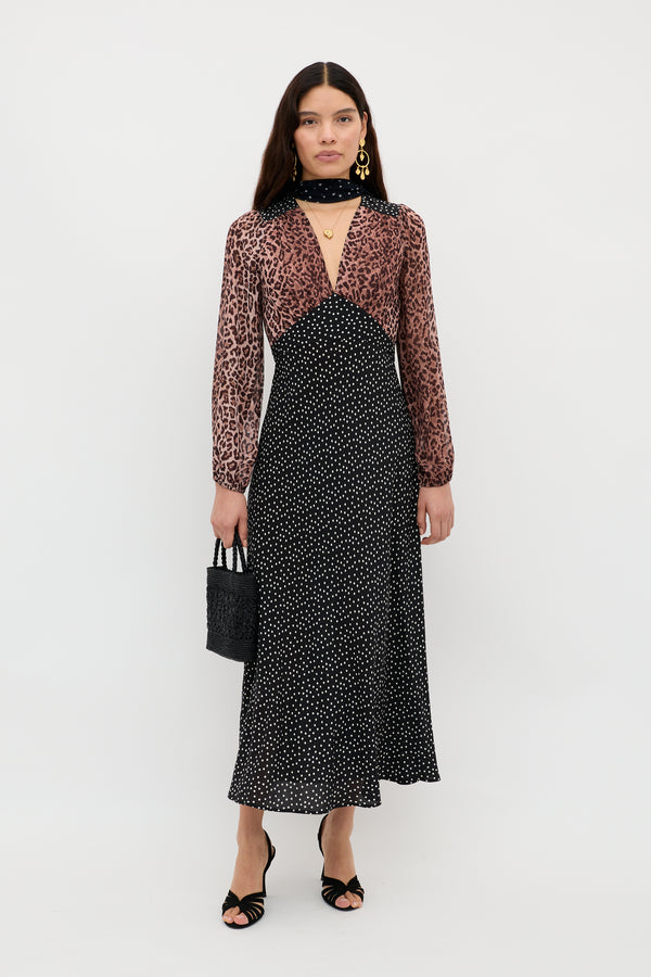 rixo Kaila Silk Leopard Midi Dress Leopard Spot Brown