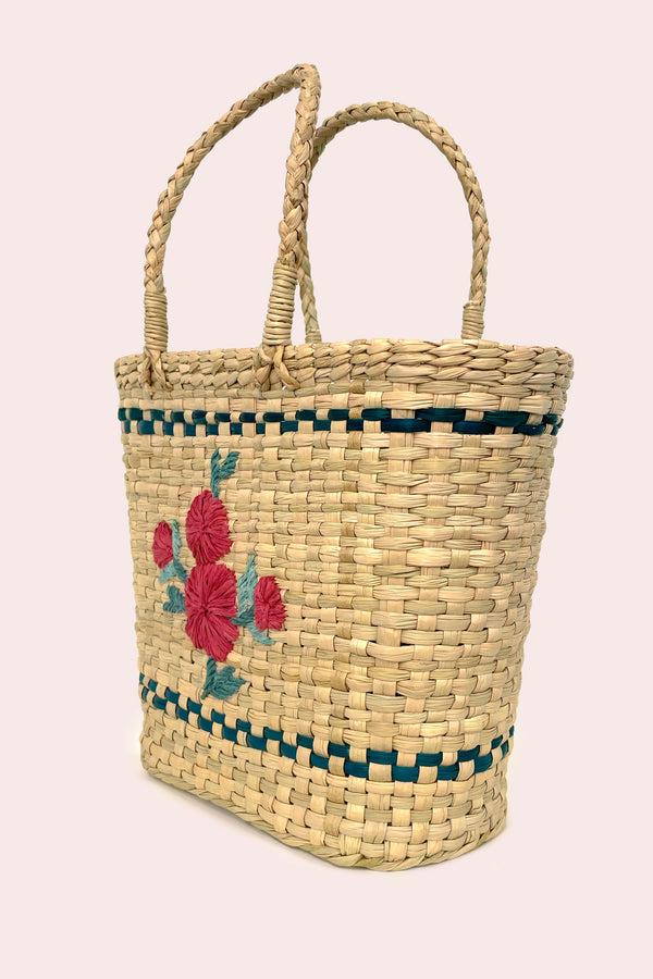Rixo Kassia Straw Basket Bag Poppy Bouquet Embroidery