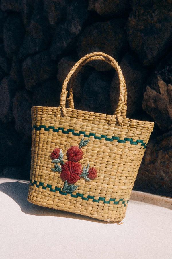 Rixo Kassia Straw Basket Bag Poppy Bouquet Embroidery
