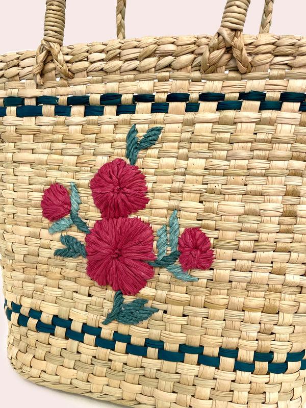 Rixo Kassia Straw Basket Bag Poppy Bouquet Embroidery