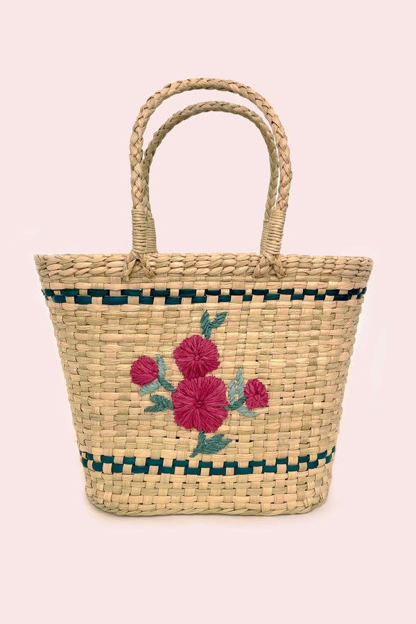 rixo Kassia Straw Basket Bag Poppy Bouquet Embroidery