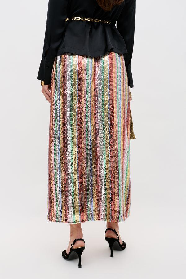 Rixo Kelly Embellished Midi Skirt Dixie Stripe Embellishment Multi