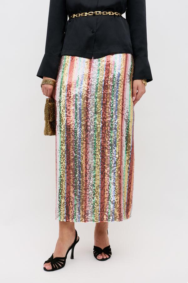 Rixo Kelly Embellished Midi Skirt Dixie Stripe Embellishment Multi