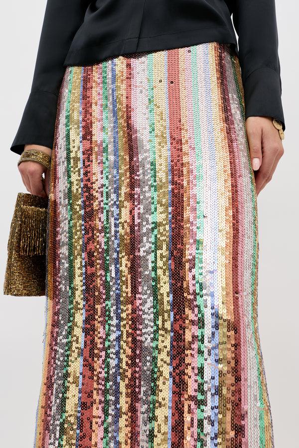 Rixo Kelly Embellished Midi Skirt Dixie Stripe Embellishment Multi