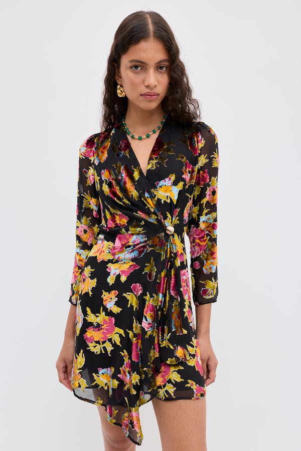 rixo Kensley Silk-Velvet Mini Dress Countryside Devoré Black