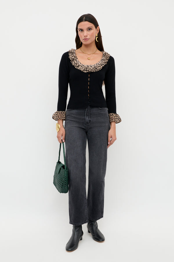 Rixo Laurel Merino Wool Cardigan Antelope Spot Black