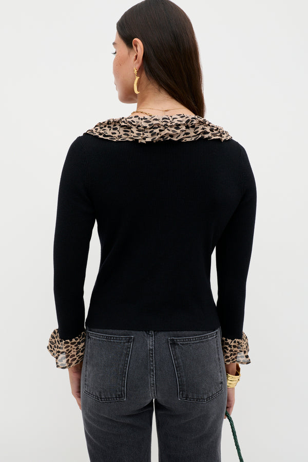 Rixo Laurel Merino Wool Cardigan Antelope Spot Black