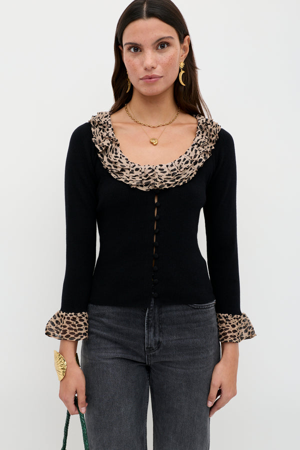 rixo Laurel Merino Wool Cardigan Antelope Spot Black