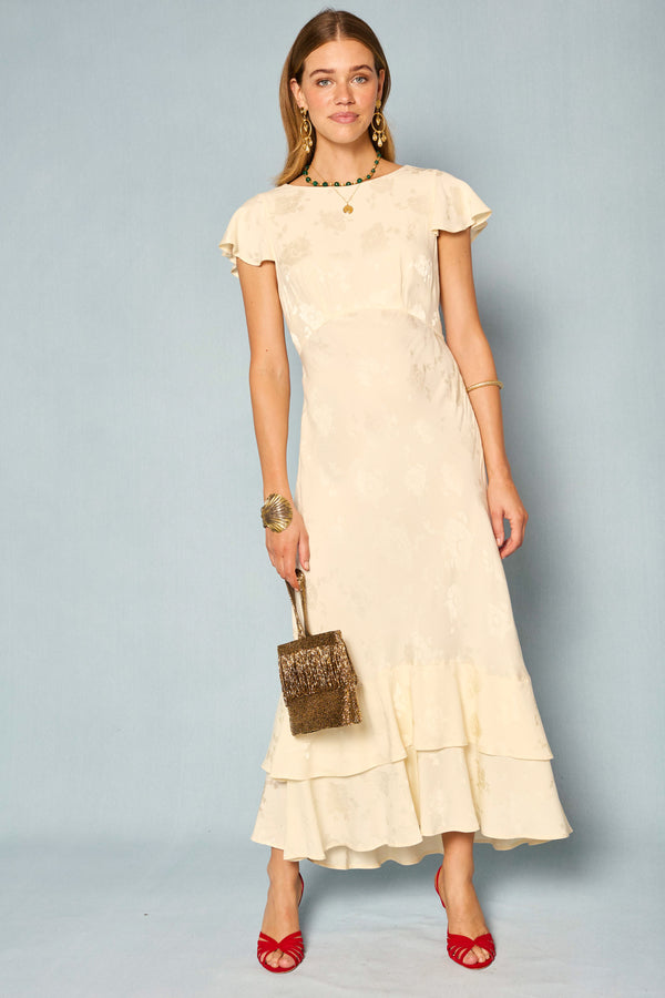 Rixo Liberty Tiered Midi Dress Poppy Jacquard Champagne