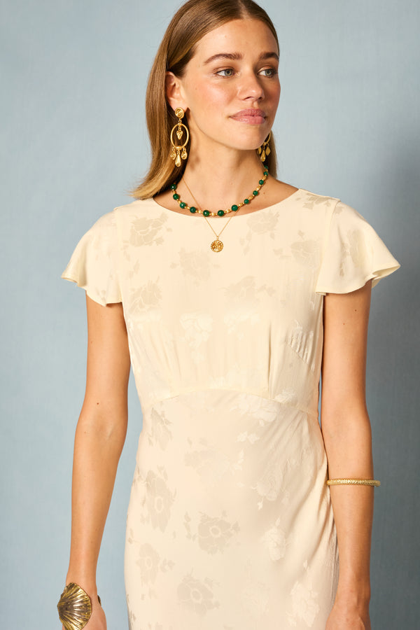 Rixo Liberty Tiered Midi Dress Poppy Jacquard Champagne