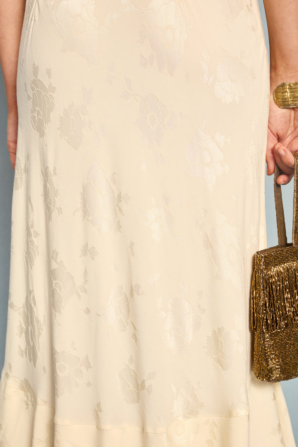 Rixo Liberty Tiered Midi Dress Poppy Jacquard Champagne