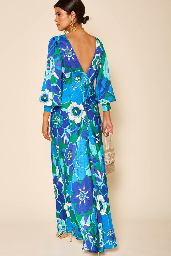 Rixo Marni Backless Satin Gown Miami Floral Emerald