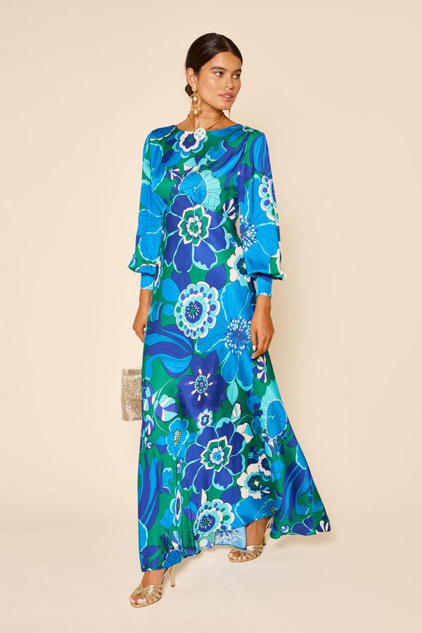 rixo Marni Backless Satin Gown Miami Floral Emerald