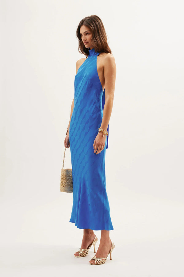 Rixo Maura Halterneck Midi Dress Wave Jacquard Blue