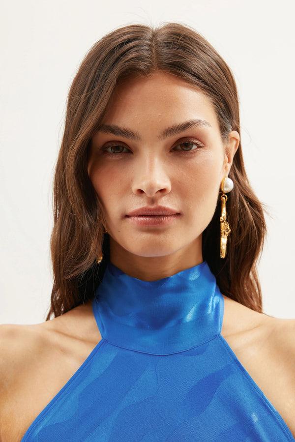 Rixo Maura Halterneck Midi Dress Wave Jacquard Blue