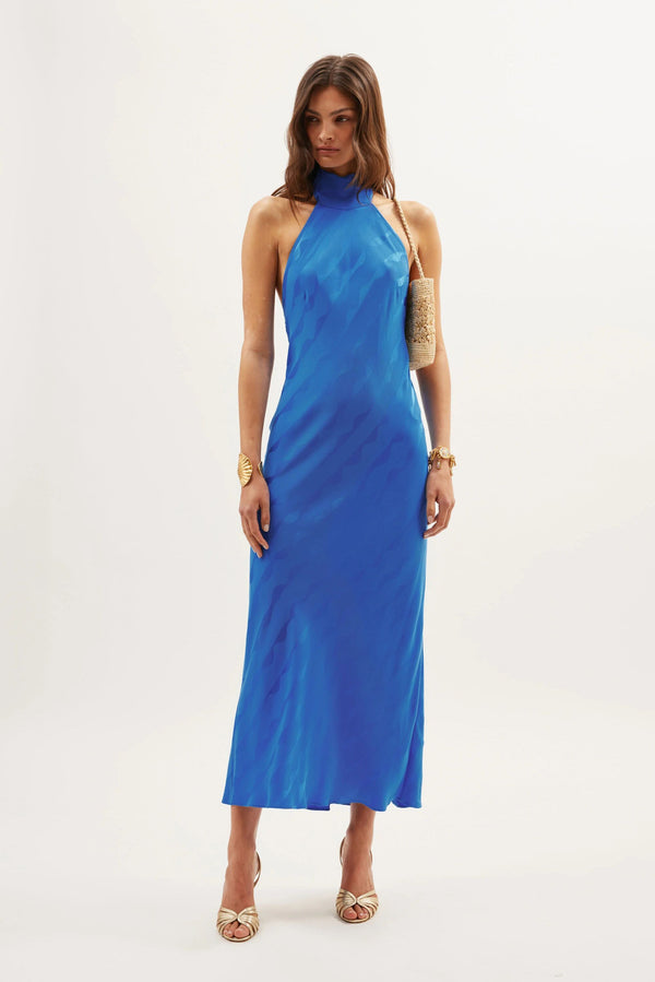 rixo Maura Halterneck Midi Dress Wave Jacquard Blue