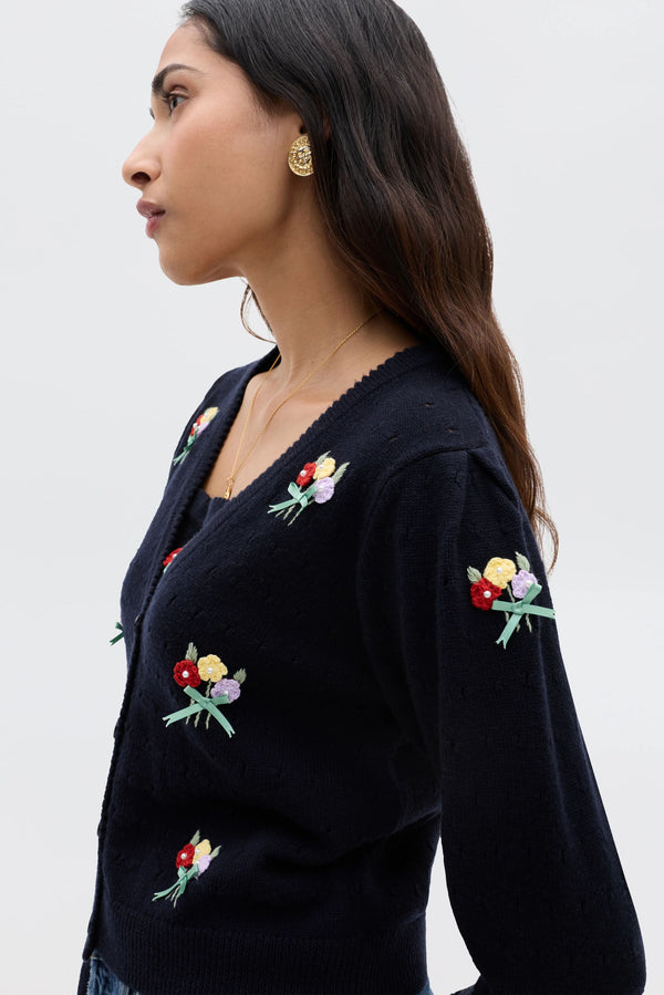 Rixo Merinda Merino Wool Cardigan Floret Embroidery Deep Navy