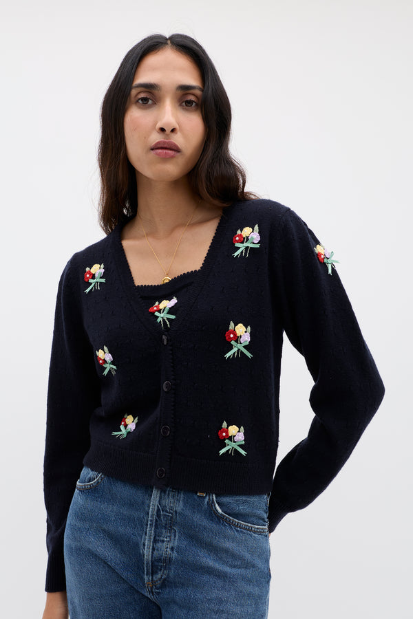 rixo Merinda Merino Wool Cardigan Floret Embroidery Deep Navy
