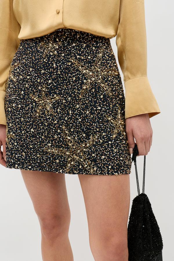 Rixo Minna Embellished Mini Skirt Starfish Embellishment Navy