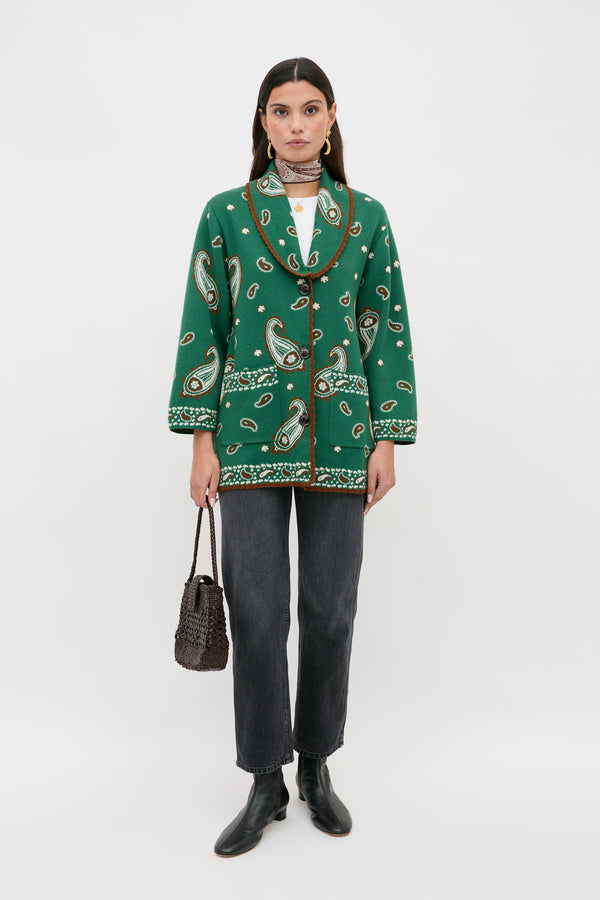 Rixo Morla Cotton-Blend Cardigan Daisy Paisley Green