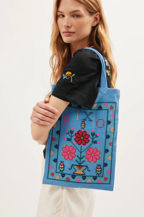 Rixo Noora Cotton Bag Terra Cross Stitch Embroidery Blue