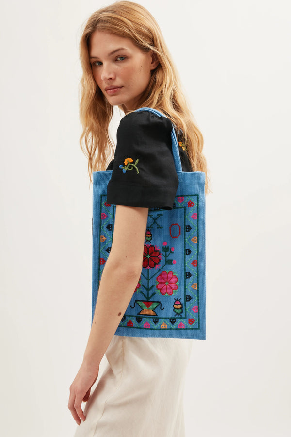 Rixo Noora Cotton Bag Terra Cross Stitch Embroidery Blue