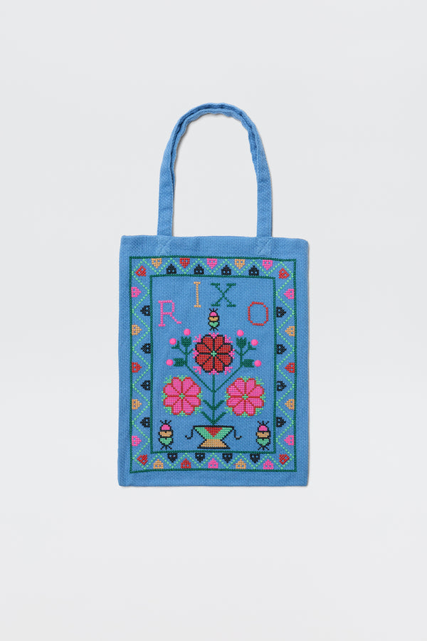 rixo Noora Cotton Bag Terra Cross Stitch Embroidery Blue