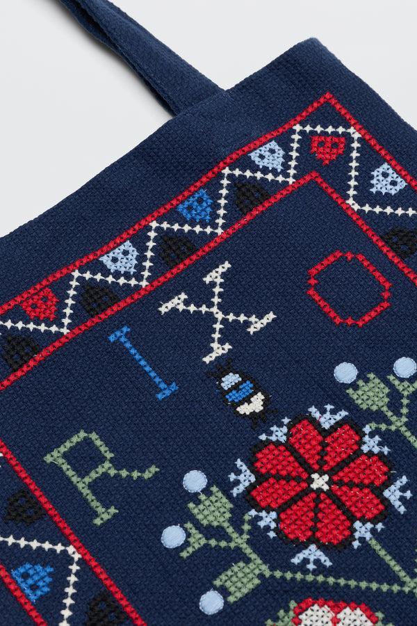 Rixo Noora Cotton Bag Terra Cross Stitch Embroidery Navy