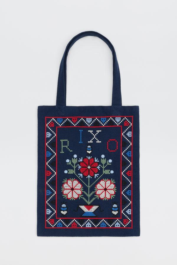 rixo Noora Cotton Bag Terra Cross Stitch Embroidery Navy